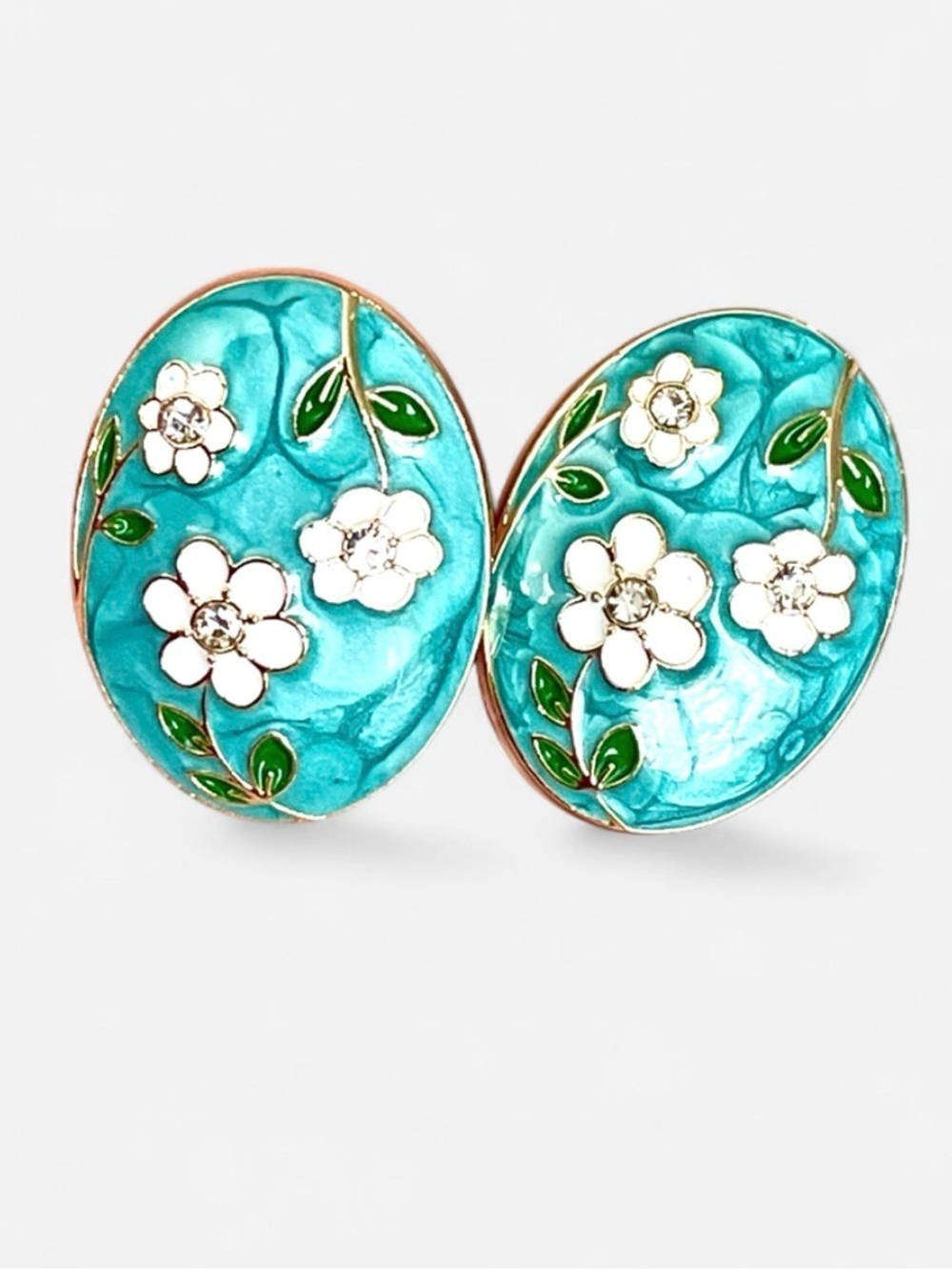 Floral Enamel Button Pair Turquoise Gold White Flowers Rhinestone Craft Jewelry